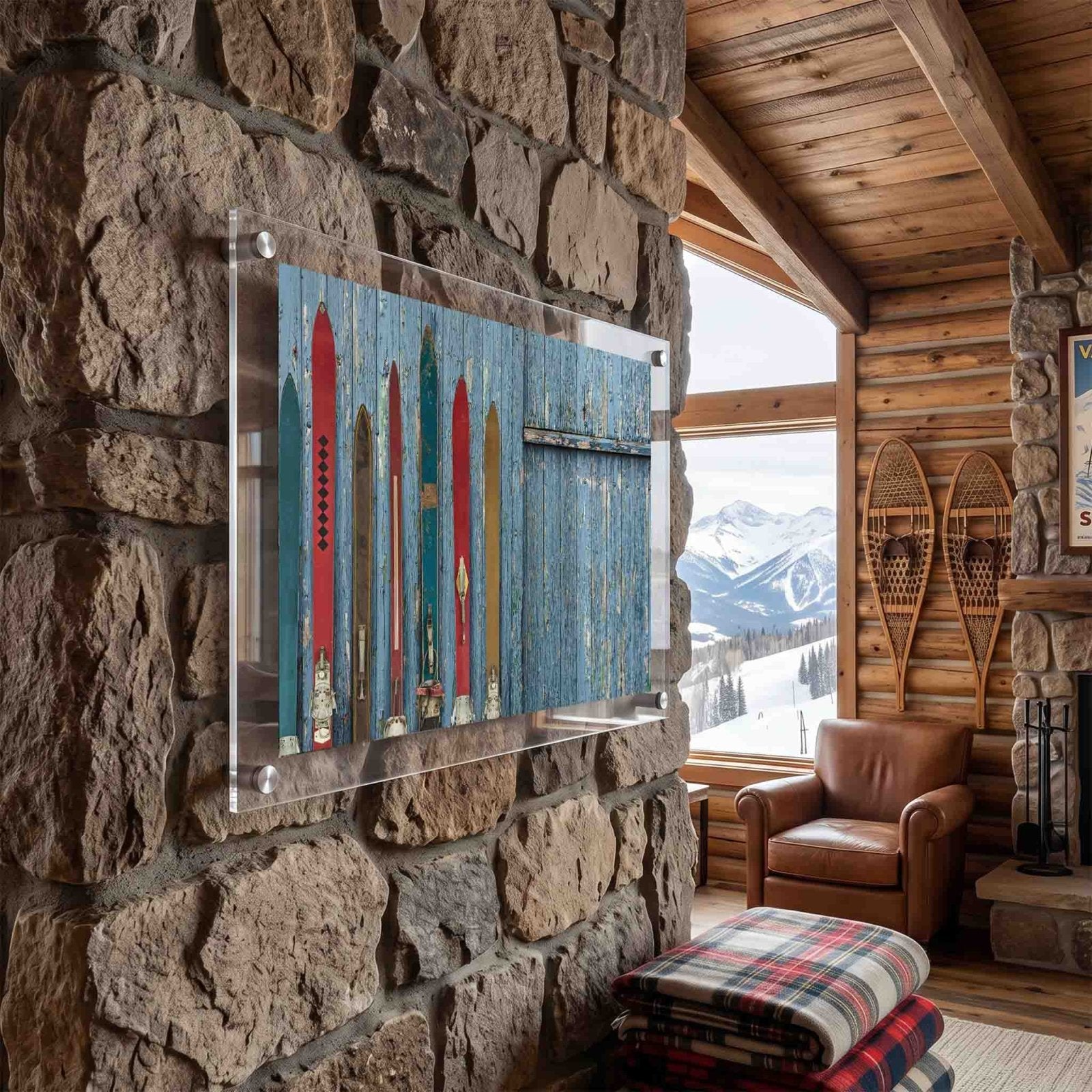 Vintage alpine ski acrylic wall art displayed inside a cozy mountain cabin