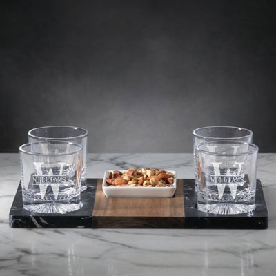 Marble Serving Tray w/ 4 custom Churchill Glasses and nuts