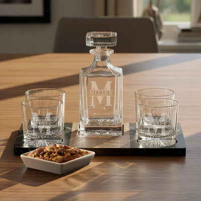 Winslow Marble Serving Tray w/ Whiskey Decanter & Churchill Glasses empty shot with nuts