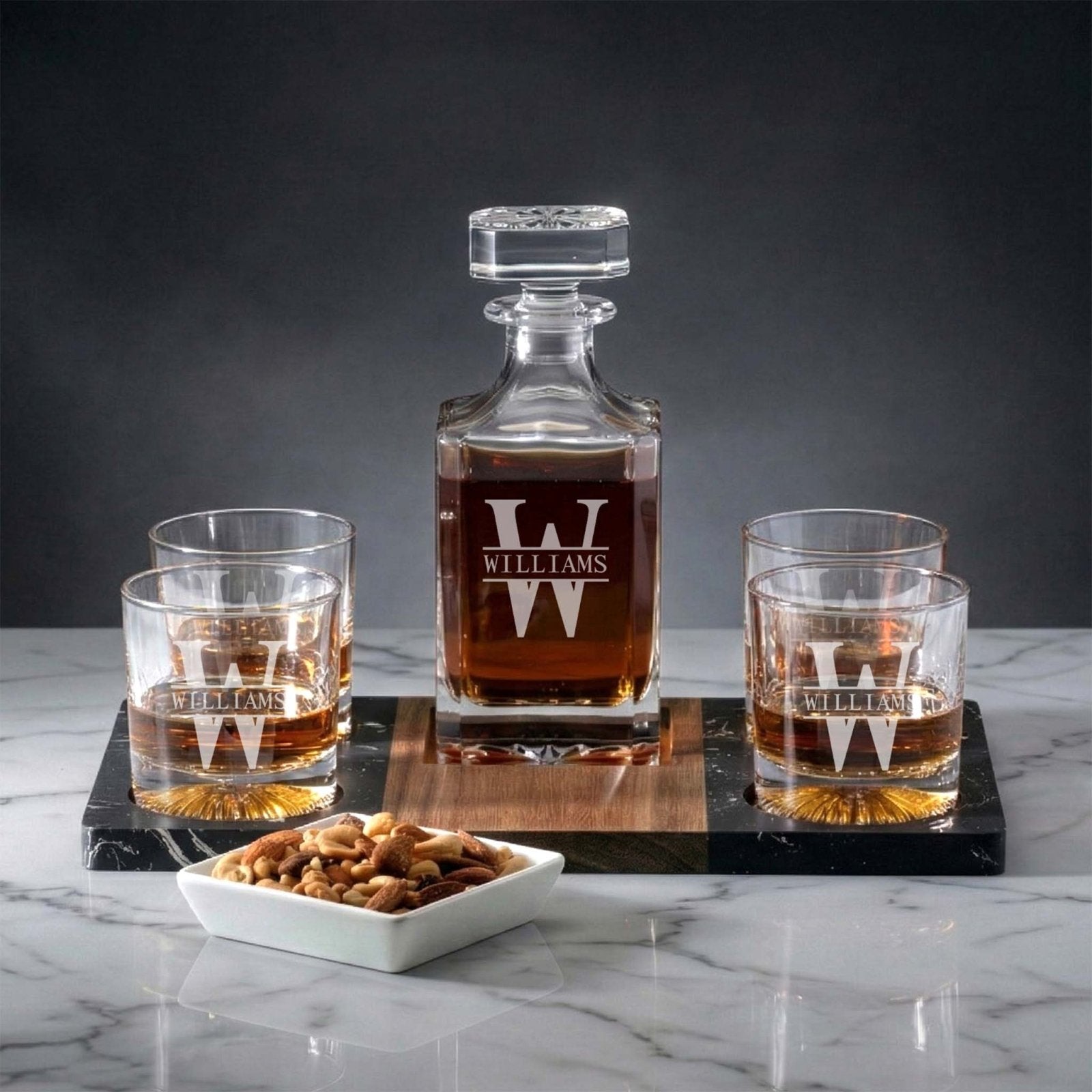 Custom Winslow Marble Serving Tray w/ Whiskey Decanter & Churchill Glasses Luxury Set