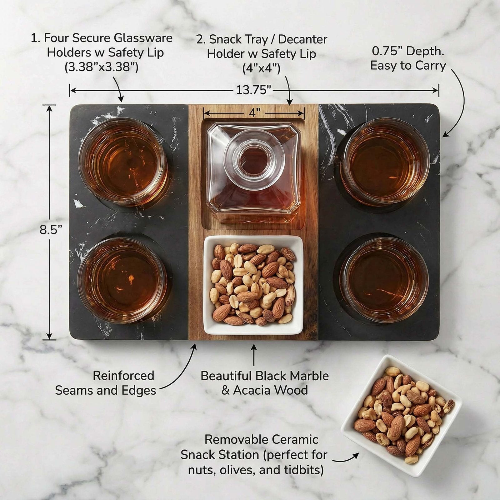 Infographics of Winslow Serving Tray w/ bowl, decanter and glasses with liquor and snacks