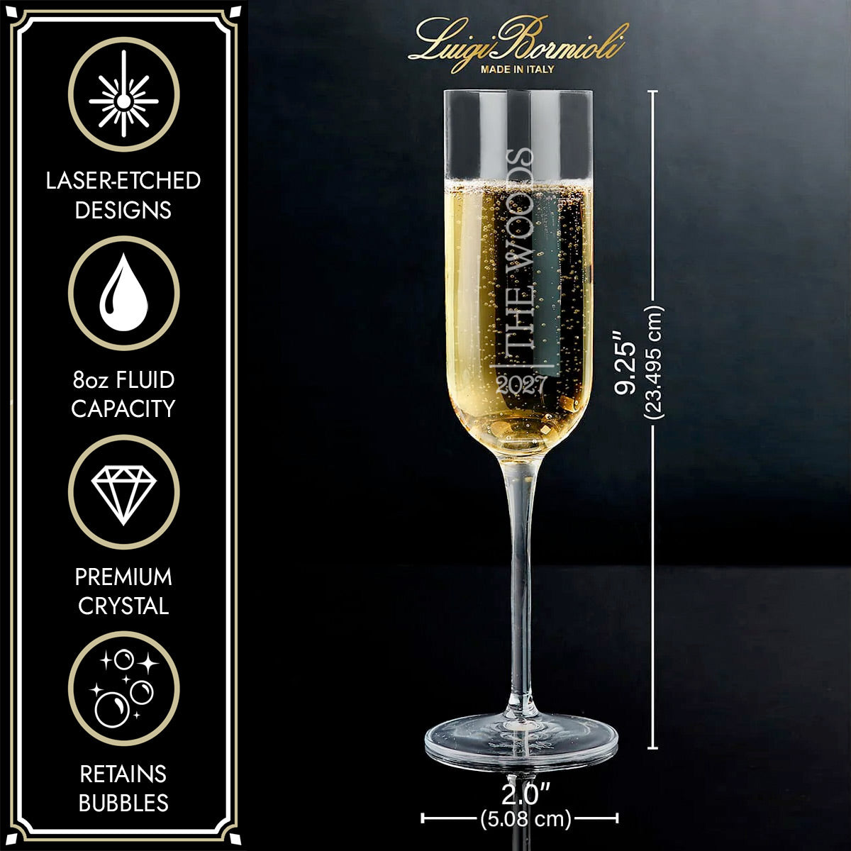 Champagne flute with etched text, 9.25 inches tall, 2-inch base; icons list laser-etched, 8 oz, crystal, bubbles.