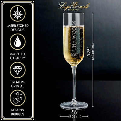 Champagne flute with etched text, 9.25 inches tall, 2-inch base; icons list laser-etched, 8 oz, crystal, bubbles.