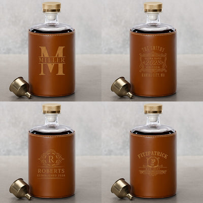 4 design examples of the Crawford Custom Bourbon Decanter Set - Leather Wrapped