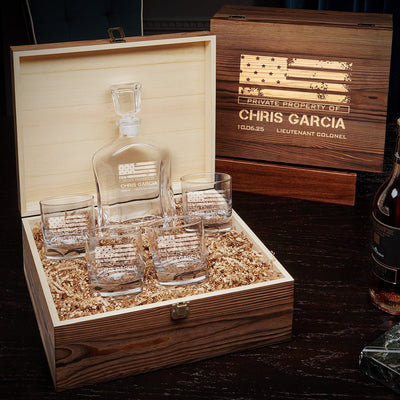 Open wooden gift box with etched decanter and four glasses; second wooden box behind reads “Private property of Chris Garcia”.