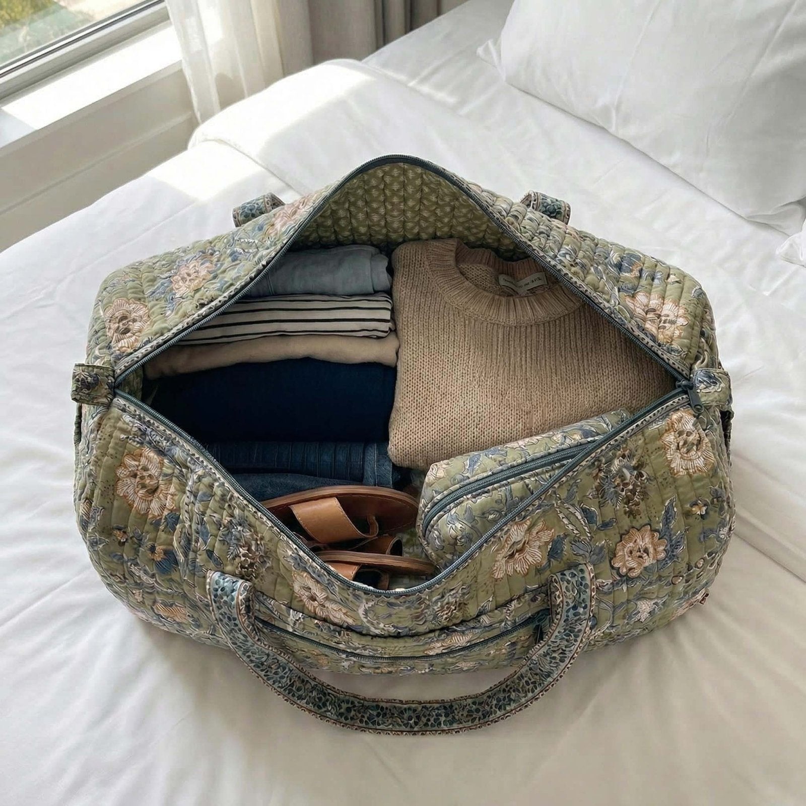 Anella Quilted Duffle Carryall Weekender Bag interior details with stuff inside