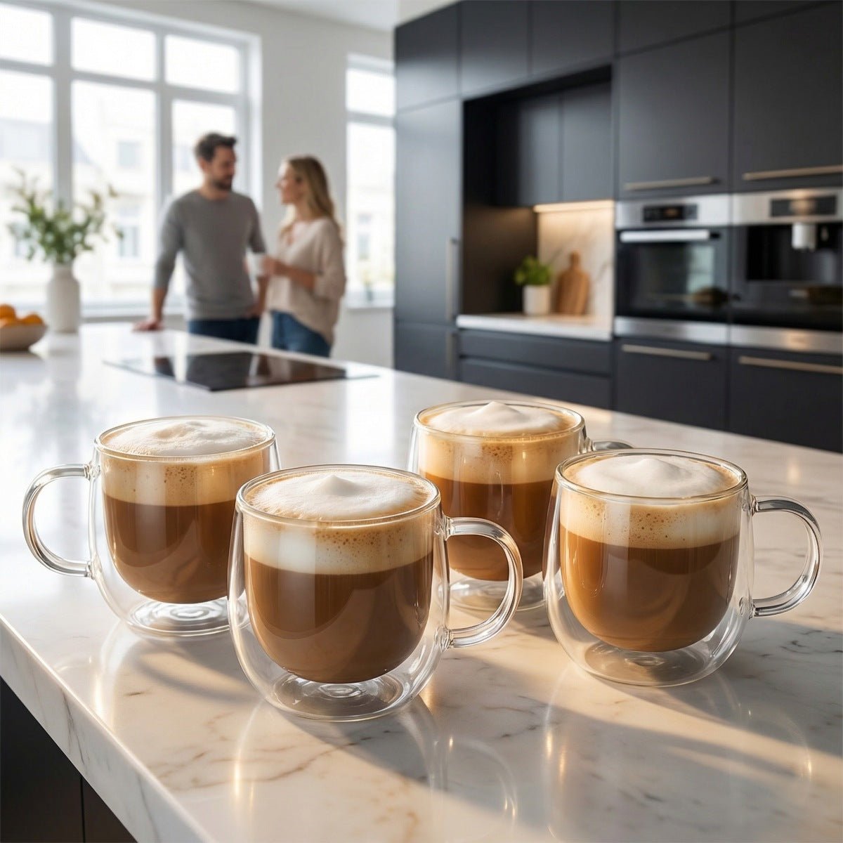 Benson Double Wall Glass Coffee Mugs - Cappuccino Latte Espresso Set of 4