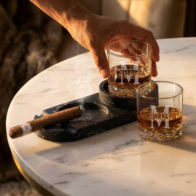 Marble Cigar Ashtray Set w/ 2 Custom Buckman Glasses with whiskey and cigar