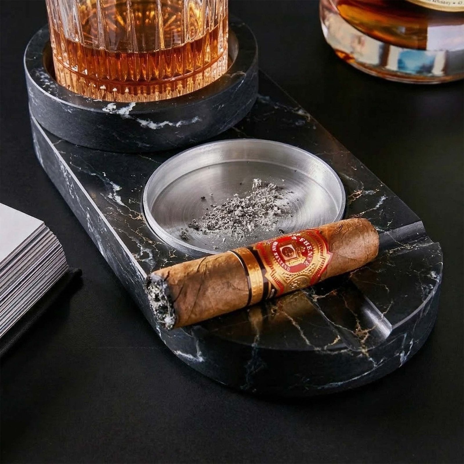 Bolton Cigar Ashtray w/ Whiskey Holder - Marble with metal insert, whiskey glass and cigar