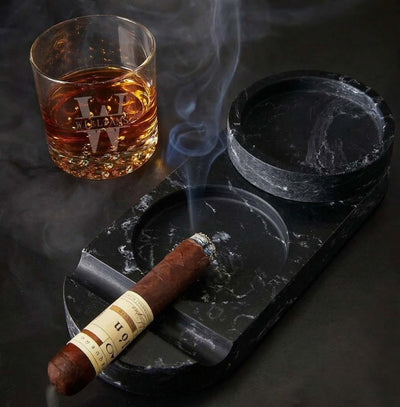 Bolton Cigar Ashtray w/ Whiskey Holder - Marble with a whiskey glass 