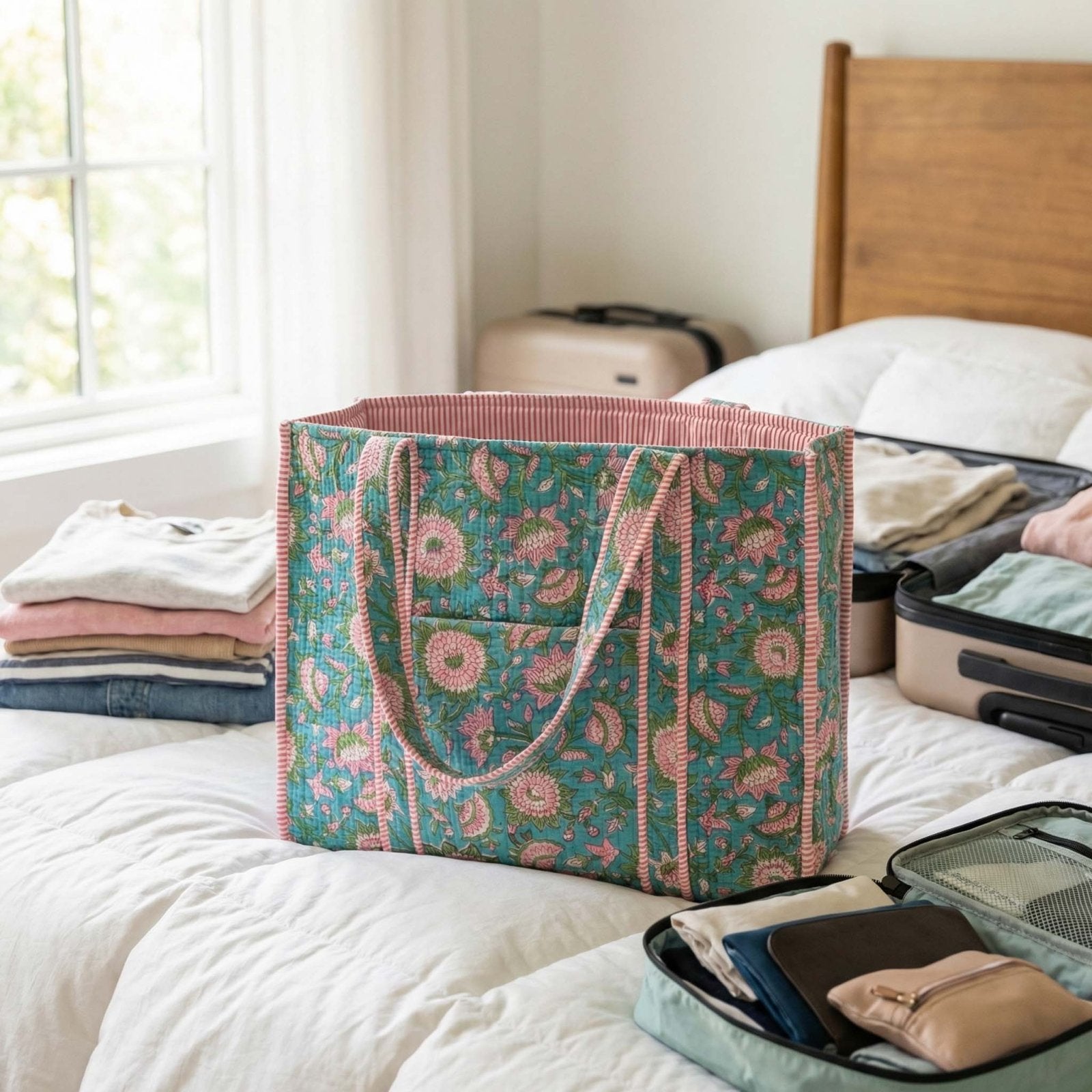 Caelune Quilted Tote Carryall Bag for Women in a bed being used to pack stuff
