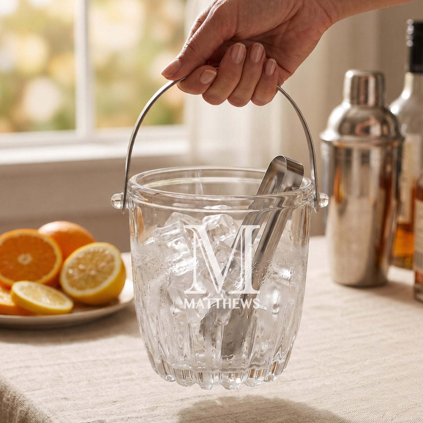 Calvera Monogrammed Chill Tabletop Glass Ice Bucket w/ Tongs (33 oz)