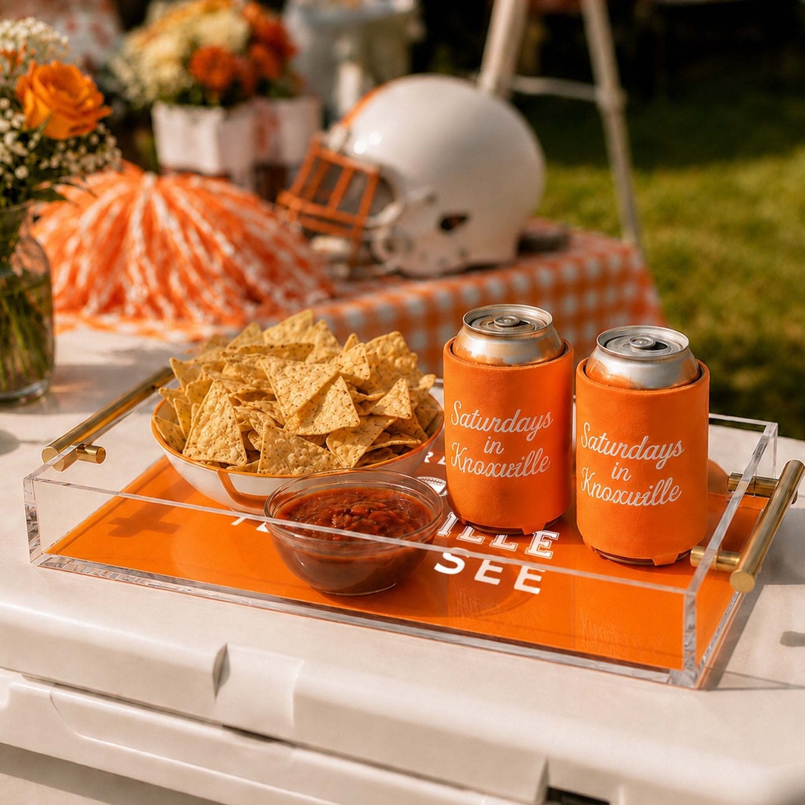 custom college football acrylic serving tray used at a party