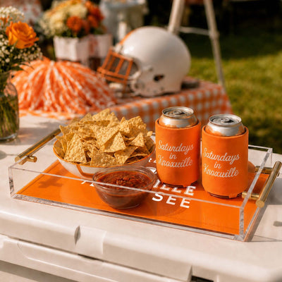 custom college football acrylic serving tray used at a party