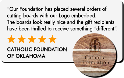 Testimonial quote with five stars for Catholic Foundation of Oklahoma; circular cutting board logo at right.