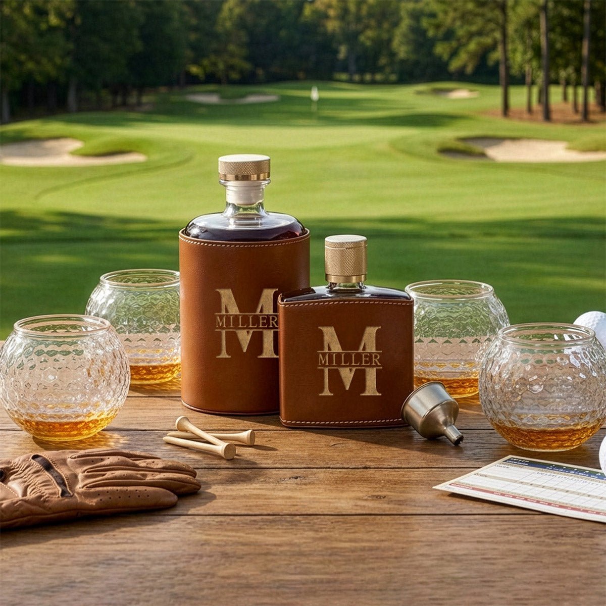 Crawford Leather Whiskey Decanter & Flask - Golf Ball Glasses