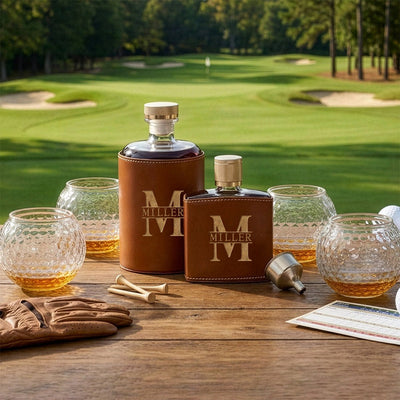 Crawford Leather Whiskey Decanter & Flask - Golf Ball Glasses