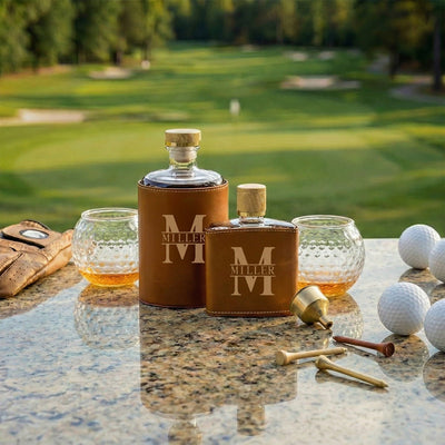 Crawford Leather Whiskey Decanter & Flask - Golf Ball Glasses
