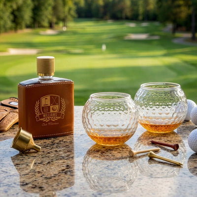 Crawford Leather Whiskey Flask - Golf Ball Glasses