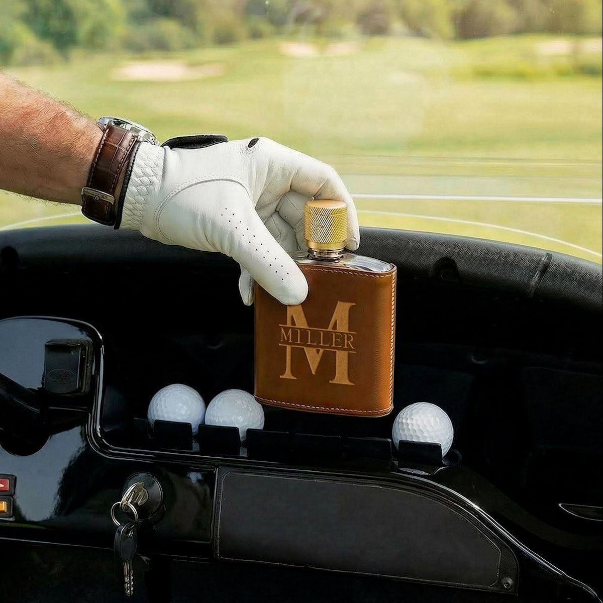 Crawford Leather Whiskey Flask - Golf Ball Glasses