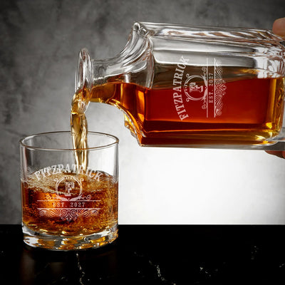 Custom Carson Crystal Whiskey Decanter pouring whiskey on a buckman glass