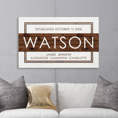 Custom Family Name Sign, White with Wood Grain
