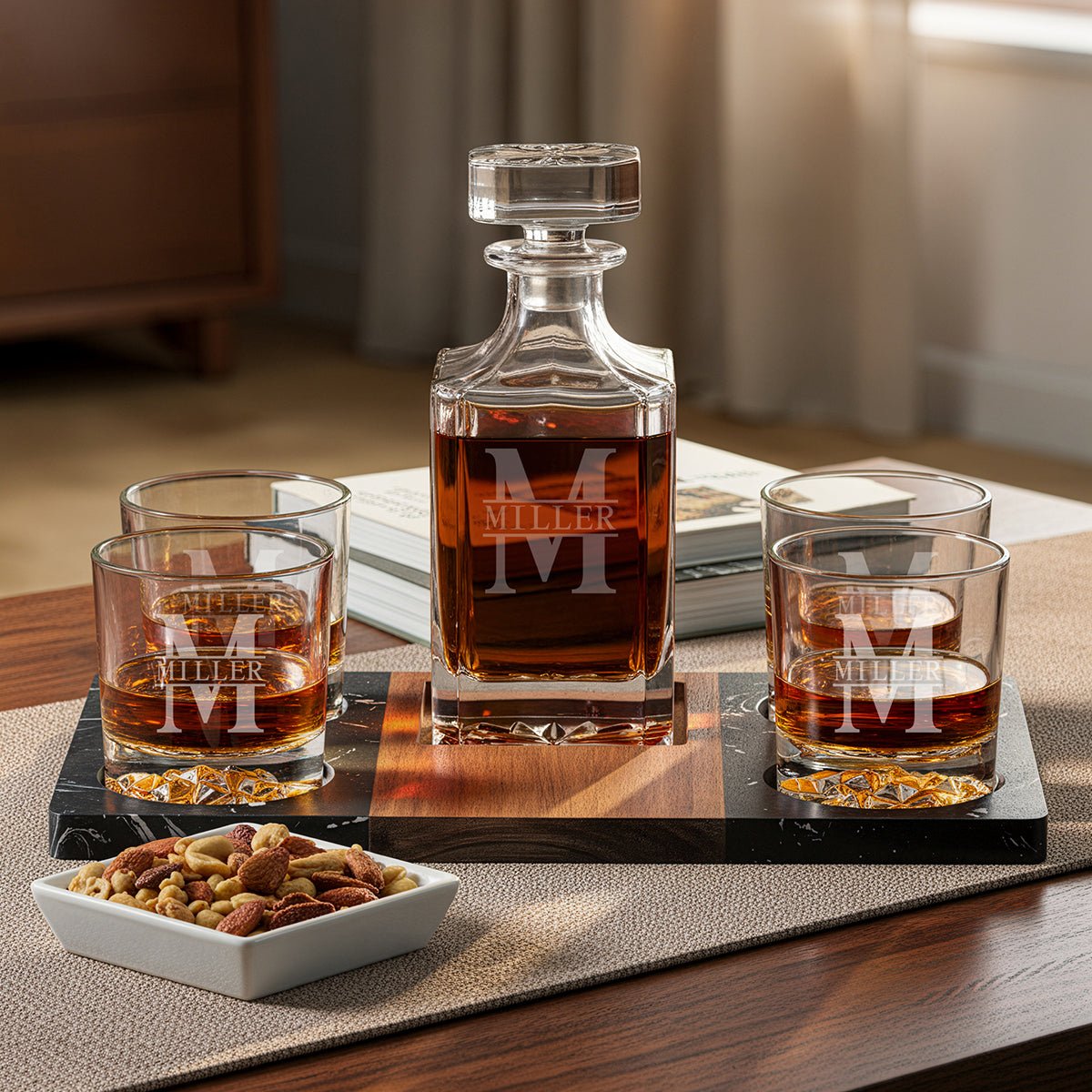 Glacier Glasses Whiskey Gift Set w/ Decanter and Winslow Marble Serving Tray in a living room setting