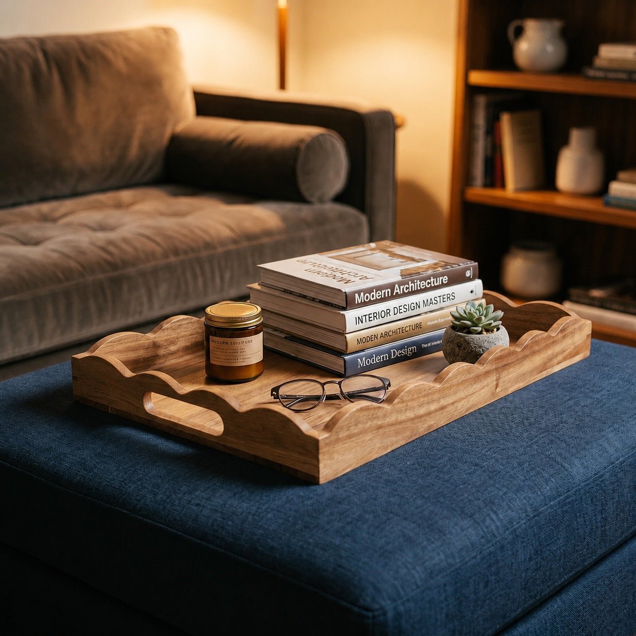 Custom Scalloped Acacia Wooden Serving Tray - 18 x 12 in