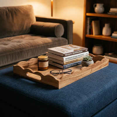 Custom Scalloped Acacia Wooden Serving Tray - 18 x 12 in