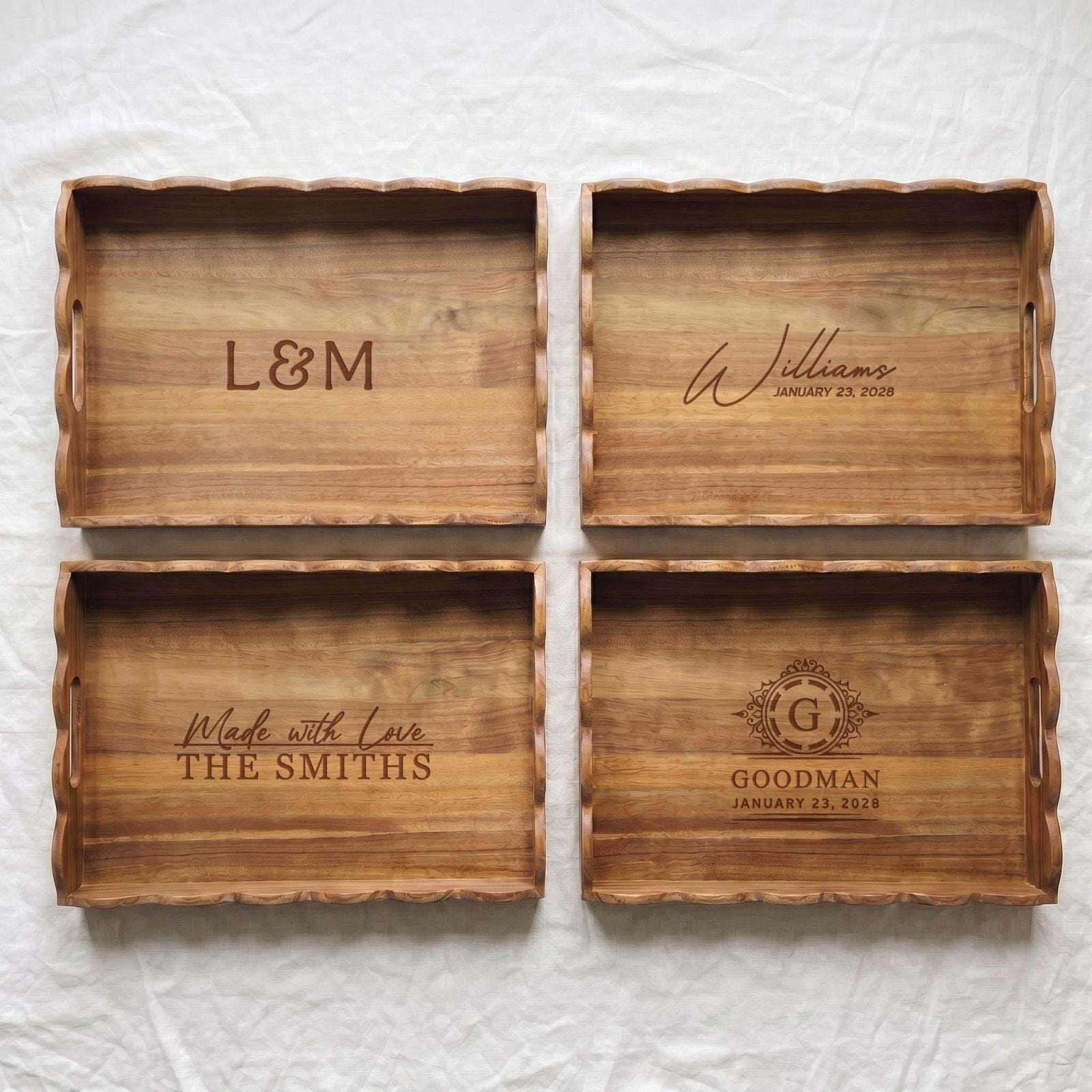 Custom Scalloped Acacia Wooden Serving Tray - 18 x 12 in