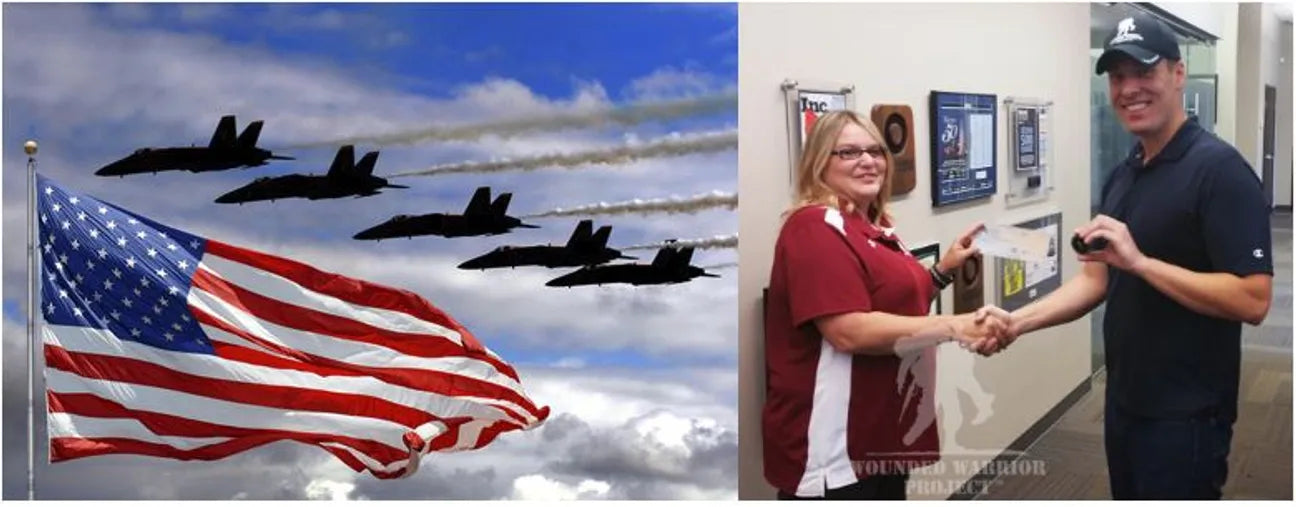 American flag waving with four jets flying overhead; two people indoors shaking hands beside wall plaques.