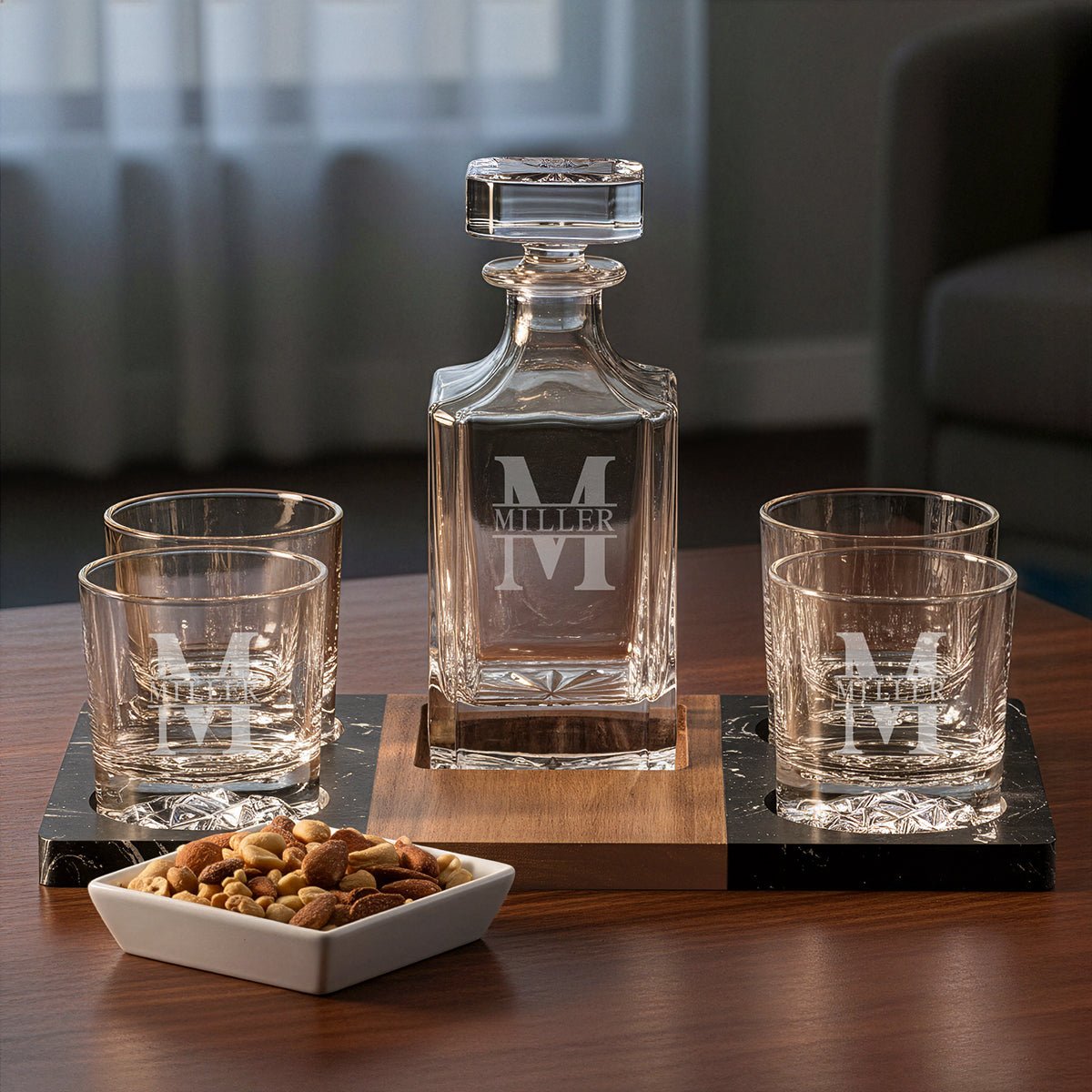 Personalized empty 4 Glacier Glasses Whiskey Gift Set w/ Decanter and Marble Serving Tray