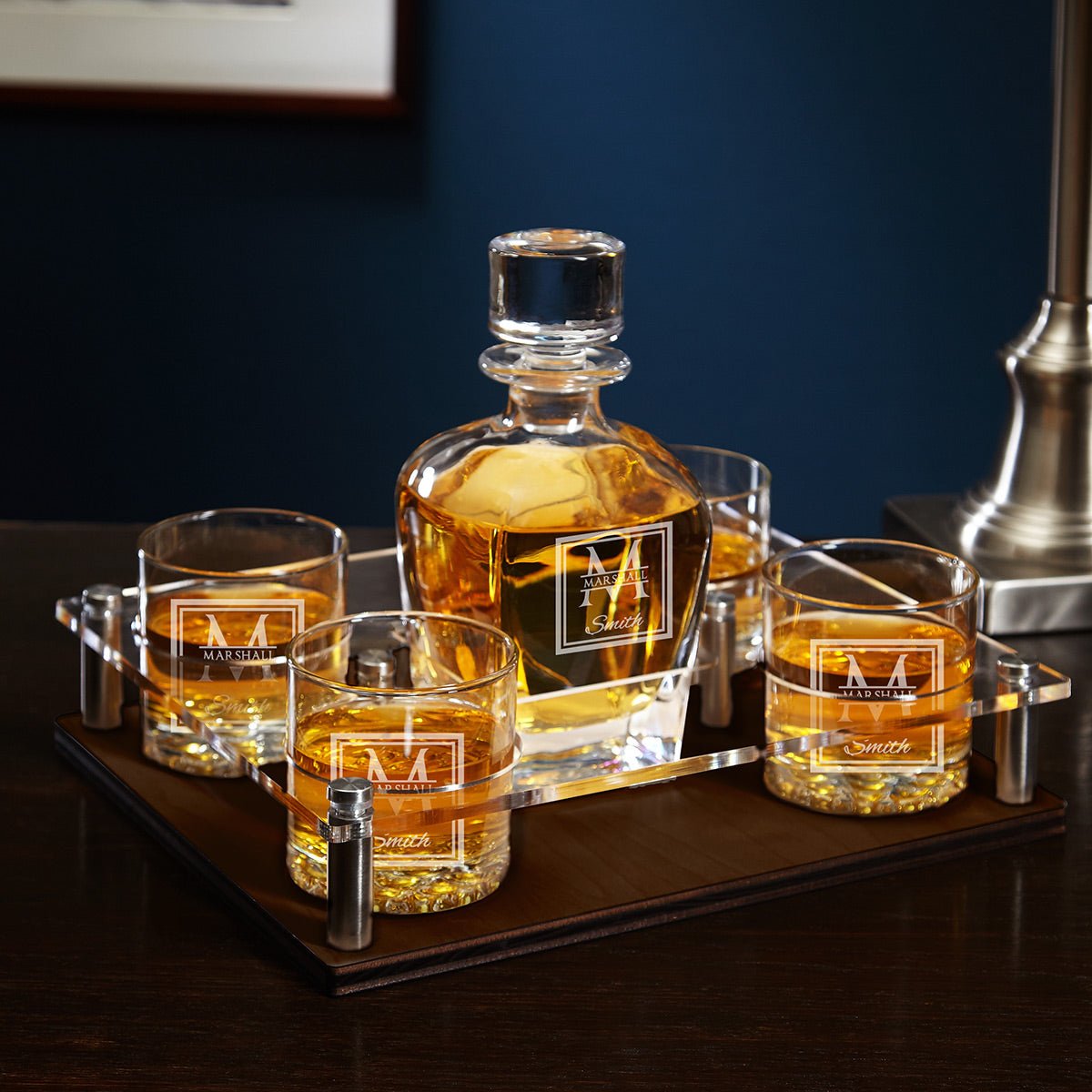 Engraved Bourbon Decanter Presentation with Glasses Set - Walnut Bar Serving Tray & Display Set
