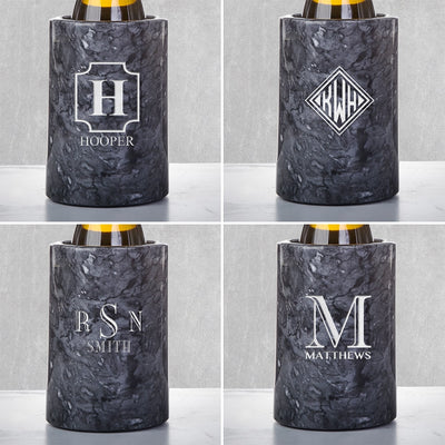 Engraved Champagne Glasses Gift Set with Black Marble Bottle Chiller