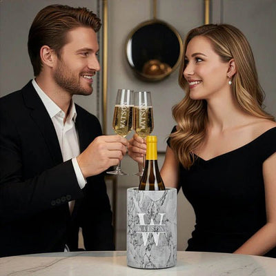 Engraved Champagne Glasses Gift Set with White Marble Bottle Chiller