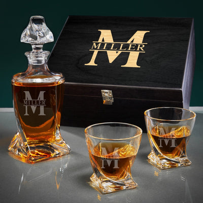 Engraved Twist Crystal Whiskey Decanter Set with Twist Glasses - Ebony Black Box