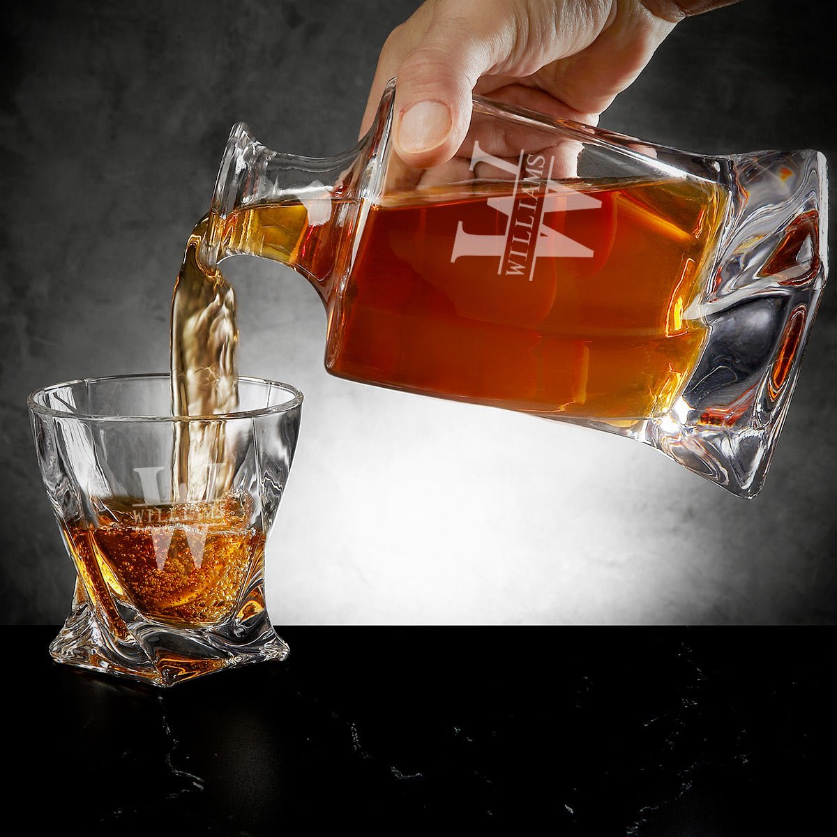 Engraved Vicente Twist Crystal Whiskey Decanter pouring whiskey into a glass