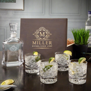 Decanter + Four Glasses + Wood Box