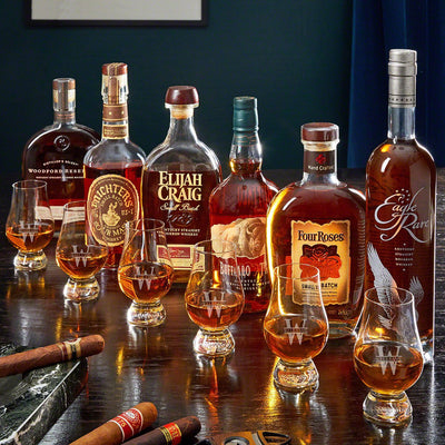Engraved Whiskey Stone Set with 6 Glencairn Whiskey Tasting Glasses