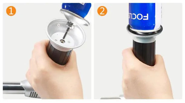 Two-step diagram showing a hand inserting a blue canister into a black cylindrical holder.