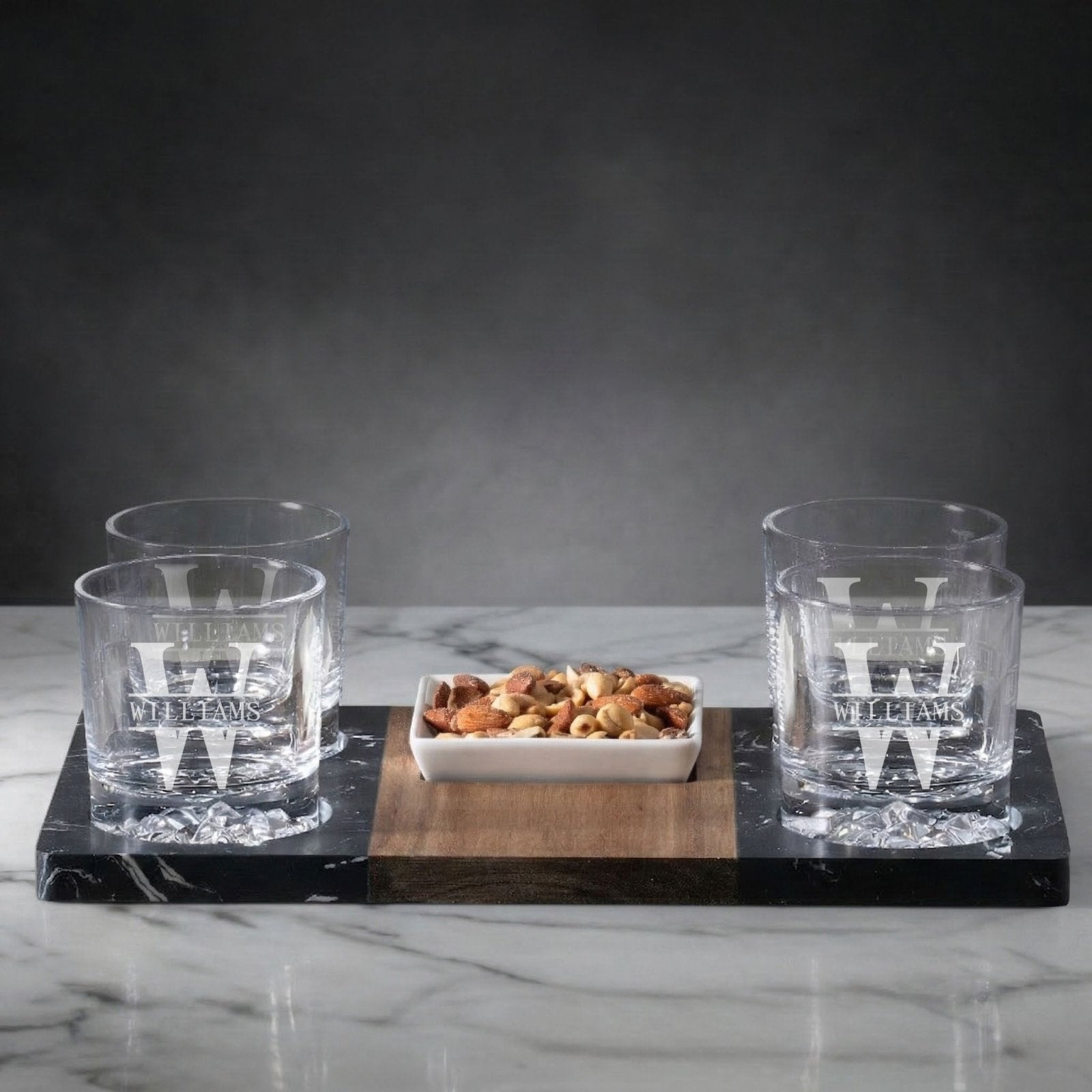 4 empty custom Glacier Glasses Whiskey Gift Set w/ Marble Serving Tray and nuts