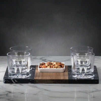 4 empty custom Glacier Glasses Whiskey Gift Set w/ Marble Serving Tray and nuts