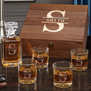 Set of Four + Decanter + Wood Box