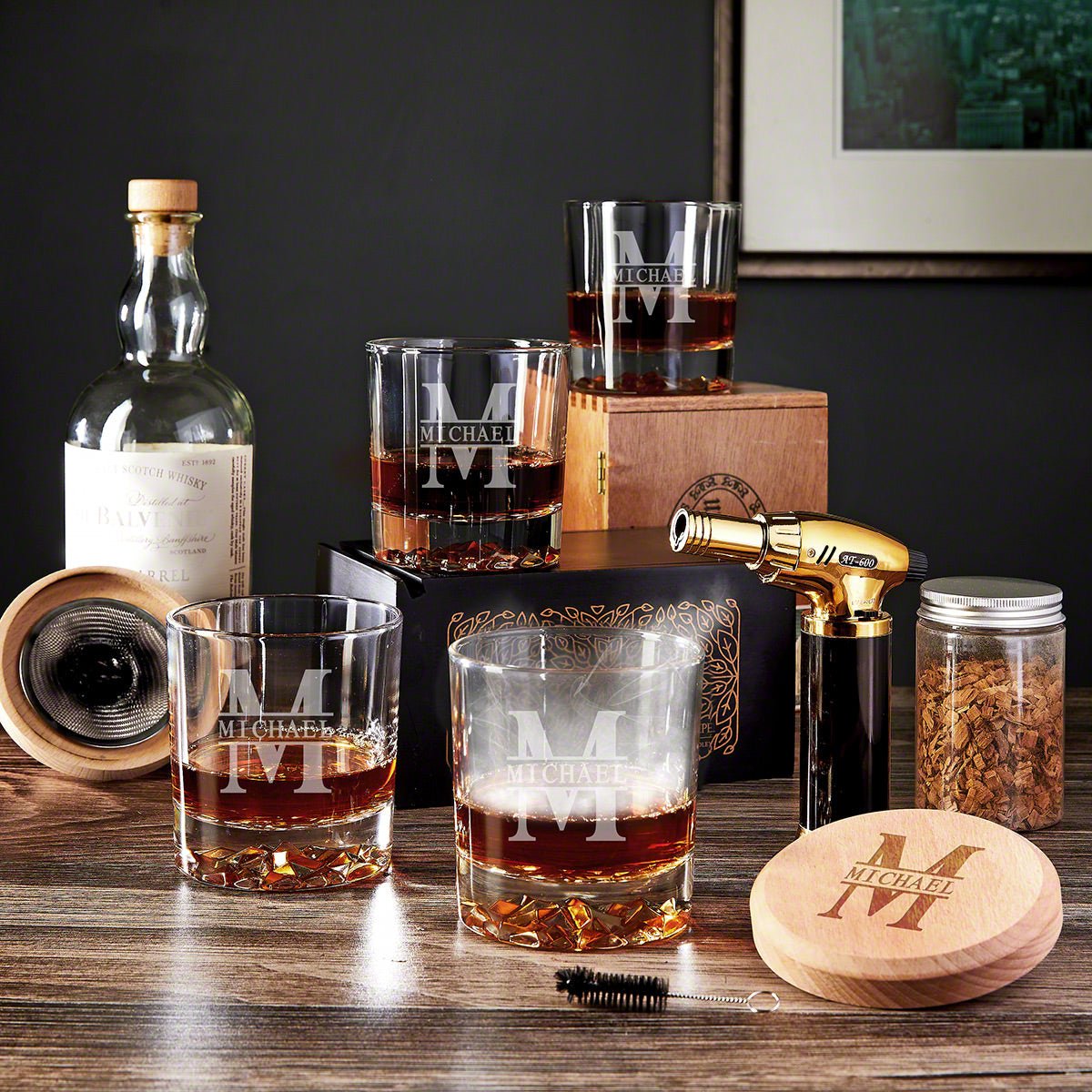 Halo Whiskey Smoker Gift Set 9pc with Four Engraved Glasses
