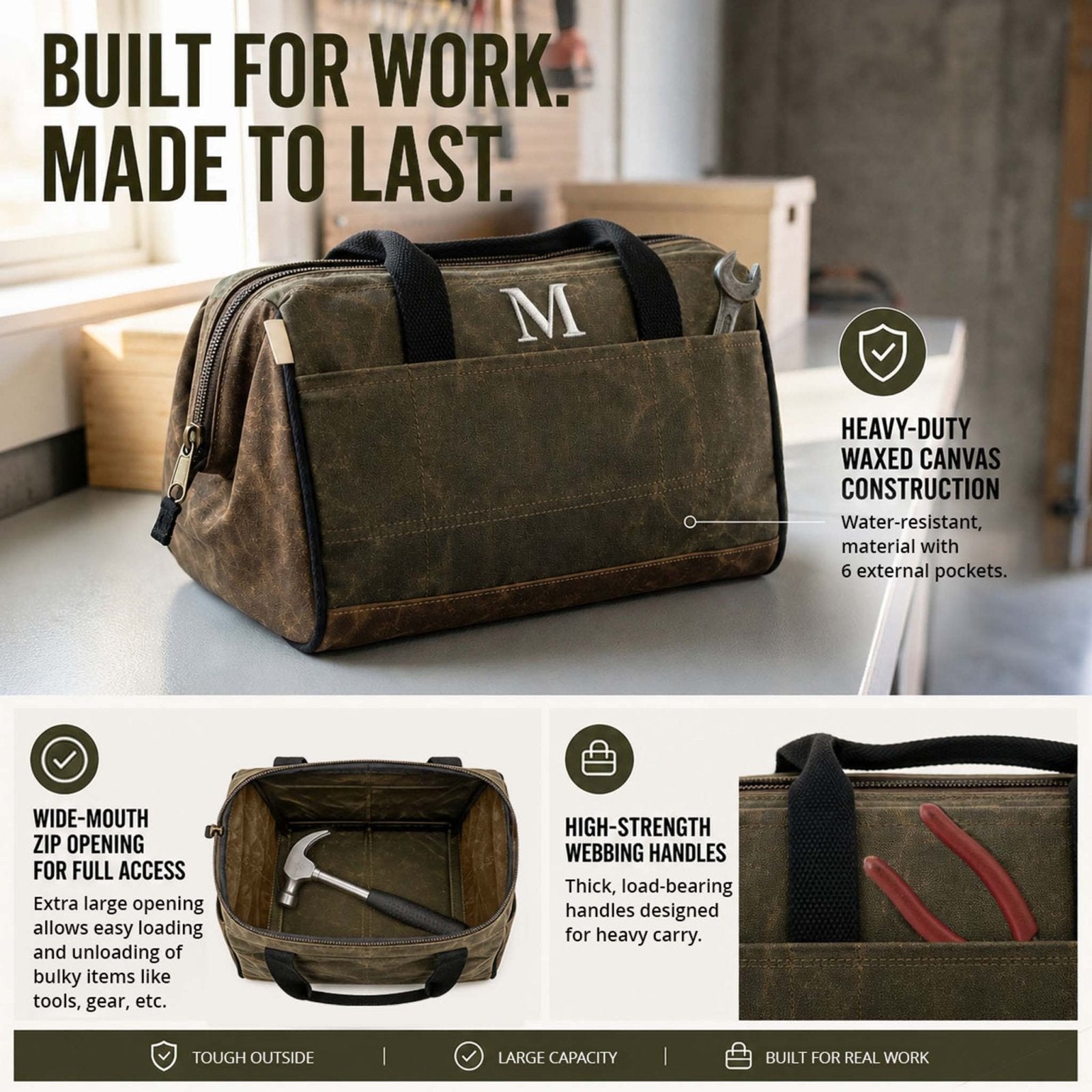 Kensley Heavy Duty Waxed Canvas Tool Bag 13 in