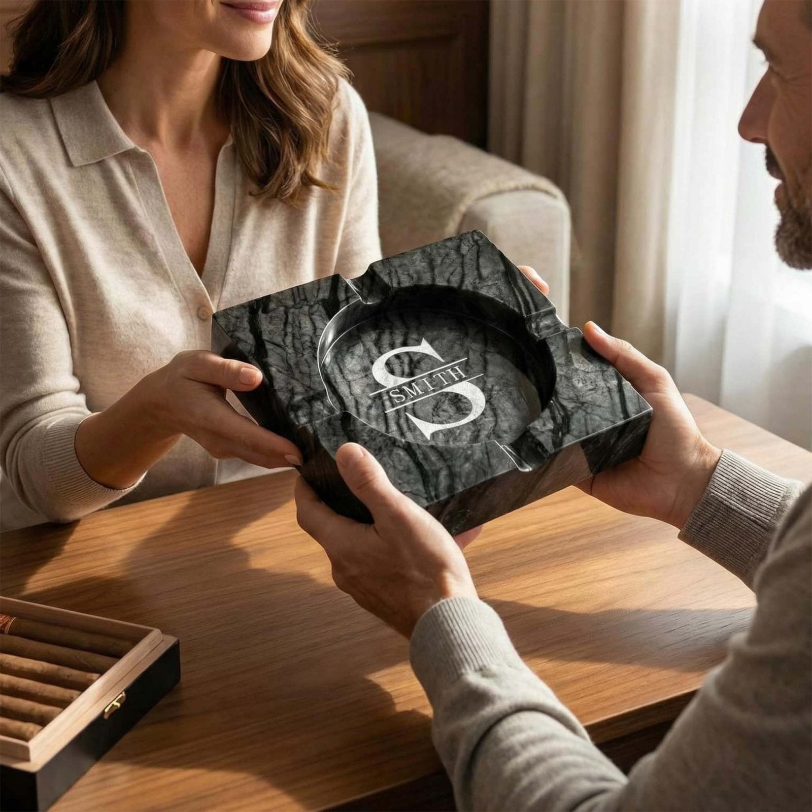 Pembroke Large Marble Ashtray - 4 Slots being held by 2 people