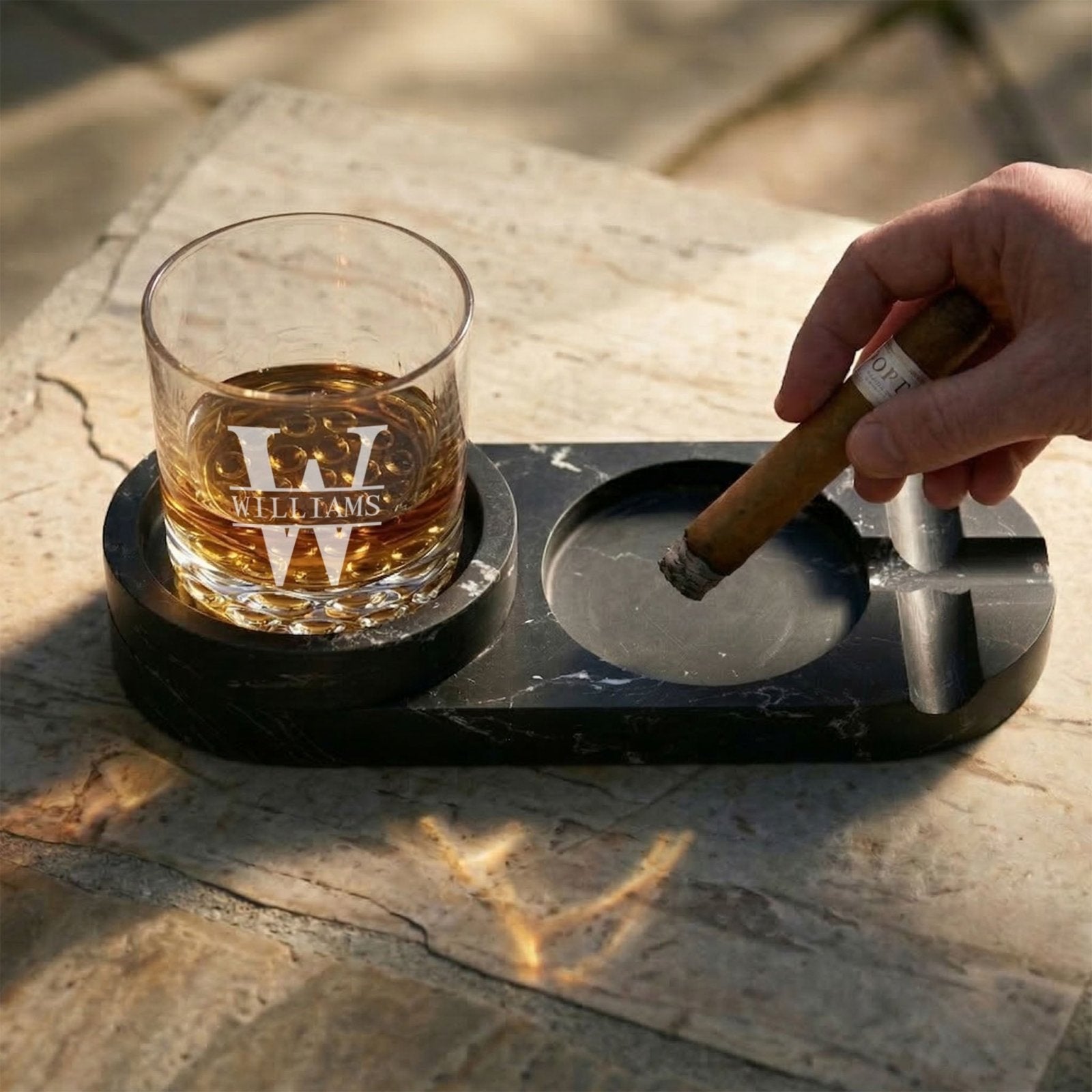 Bolton Cigar Ashtray with whiskey glass and a man holding a cigar
