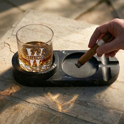 Bolton Cigar Ashtray with whiskey glass and a man holding a cigar