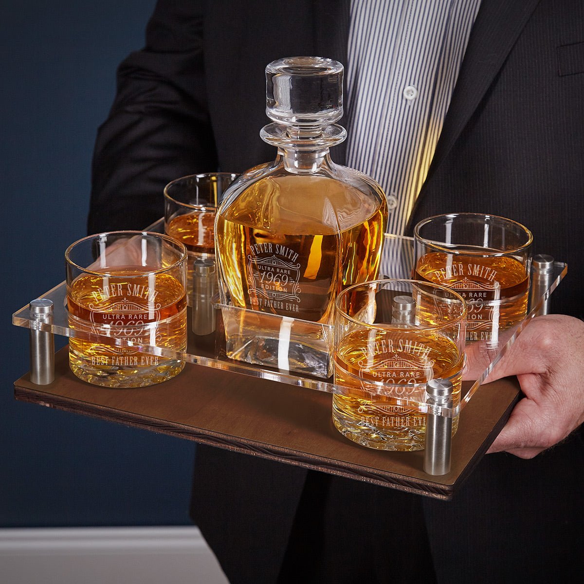 Monogrammed Presentation Set with Custom Rocks Glasses & Whiskey Decanter - 6pc Walnut Serving Tray & Display Set