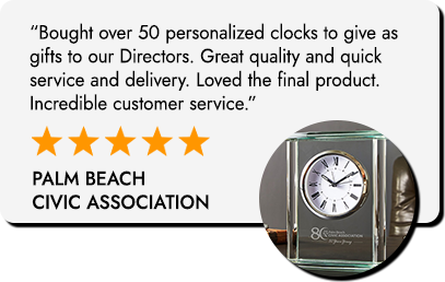 Customer review quote with five stars from Palm Beach Civic Association and inset photo of a desk clock.